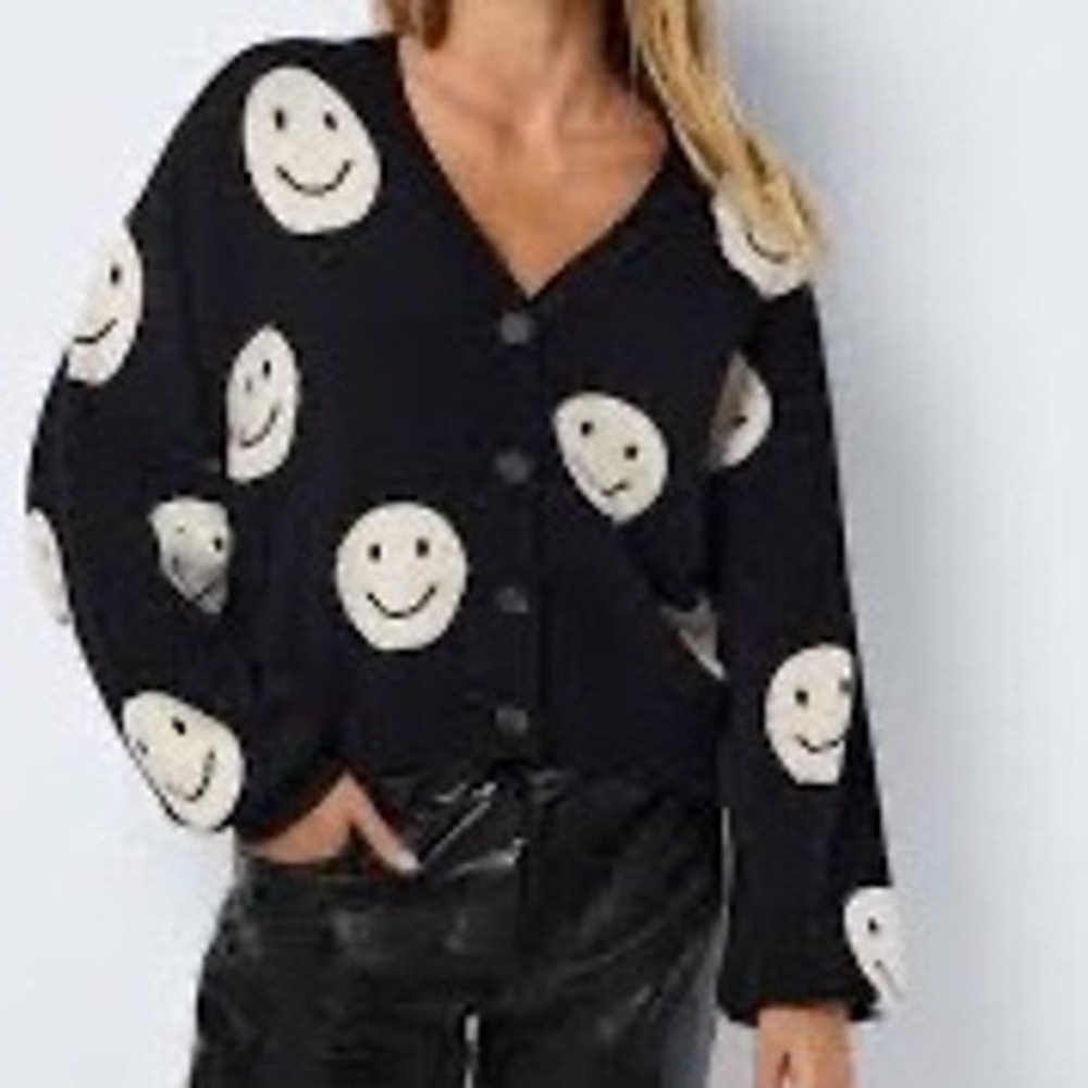 Noisy May Black Smiley Face V Neck Button Cardigan Sweater Size L